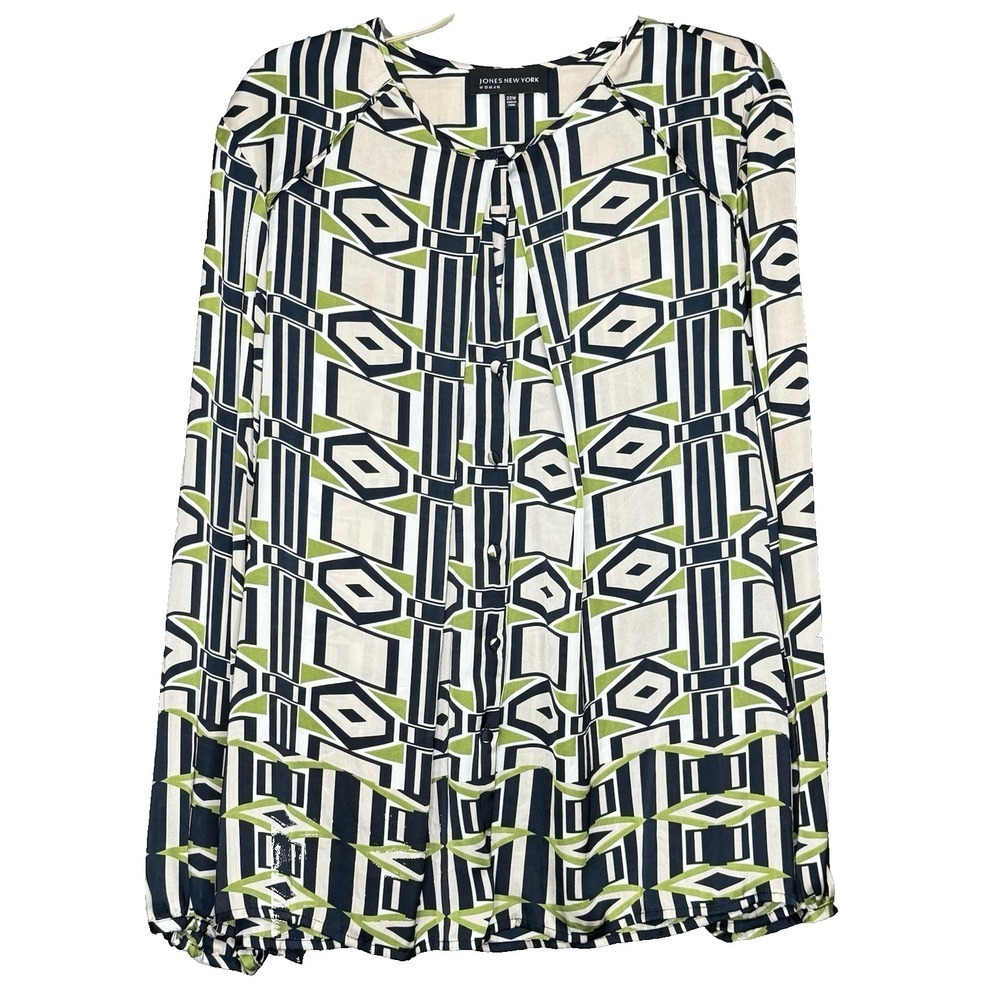 Jones New York Blouse 22W Geometric Print Brown Green Long Sleeve Button Up